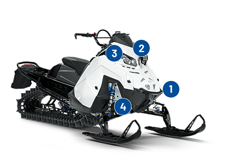 Blackout capability, IR light, front bumper and velocity shocks on the Polaris Military 850 PRO RMK 155 snowmobile.