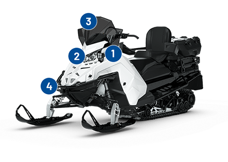 Front bumper, blackout capability, tall smoke windshield and IR light on the Polaris Military 850 TITAN 155 snowmobile.