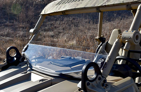 Half Windshield accessory installed on a MRZR Alpha military tactical side-by-side.