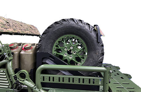 Spare Tire Mount accessory installed on a MRZR Alpha military tactical side-by-side.