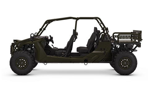 Side view of the Military Green Polaris MRZR Alpha with height, width and length dimensions.