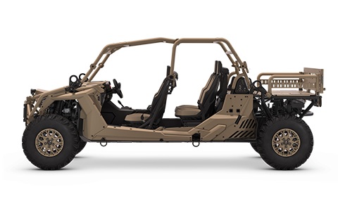Side view of the Military Tan Polaris MRZR Alpha with height, width and length dimensions.