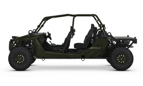 4-seat light tactical military vehicle with a large rear bed.