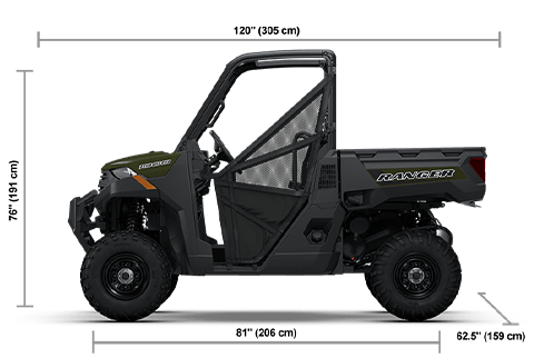 Side view of the Sage Green 2026 Polaris RANGER 1000 EPS with height, width and length dimensions.