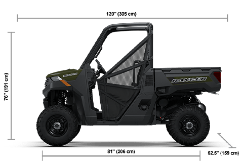 Side view of the Sage Green 2026 Polaris RANGER 1000 with height, width and length dimensions.