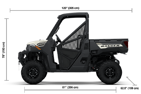 Side view of the Mirage Beige 2026 Polaris RANGER 1000 Premium with height, width and length dimensions.