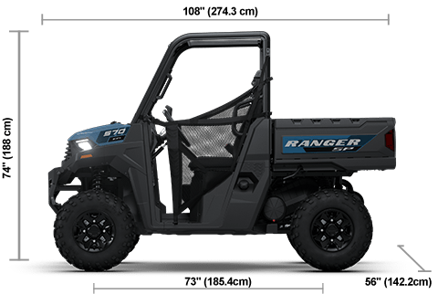 Side view of the Zenith Blue 2026 Polaris RANGER SP 570 Premium with height, width and length dimensions.