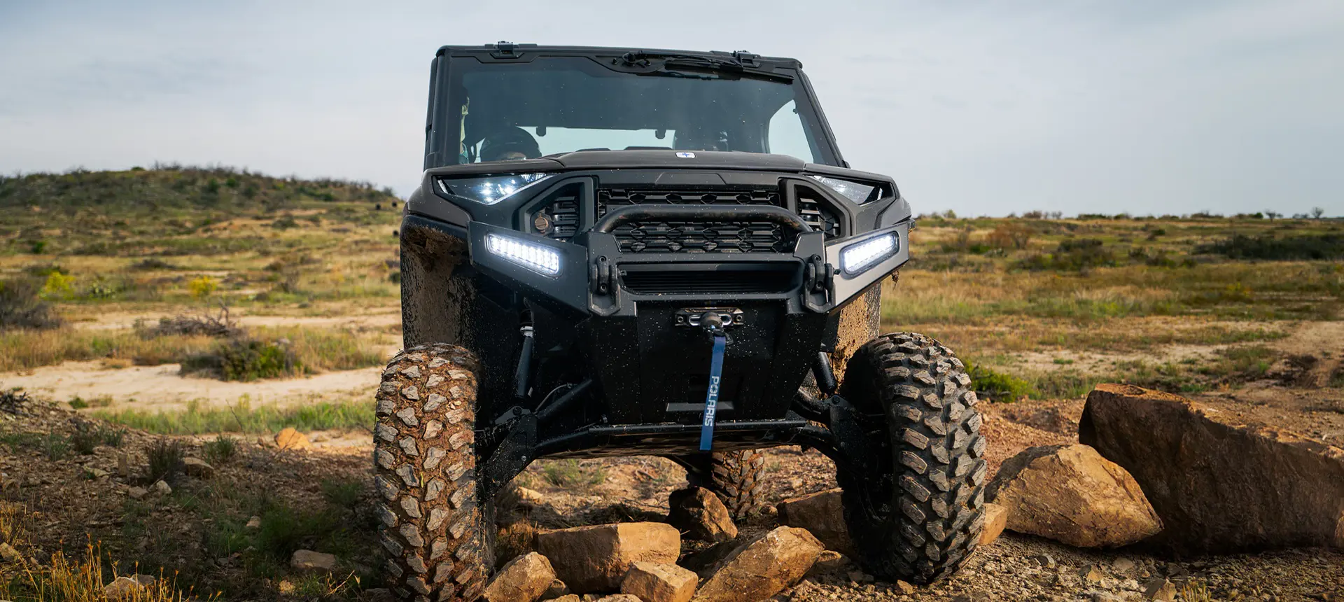 Closeup of the front end of a Polaris RANGER XD 1500 NorthStar Edition extreme duty UTV.