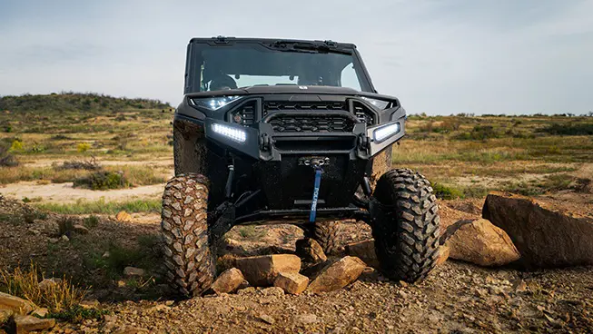 Closeup of the front end of a Polaris RANGER XD 1500 NorthStar Edition extreme duty UTV.