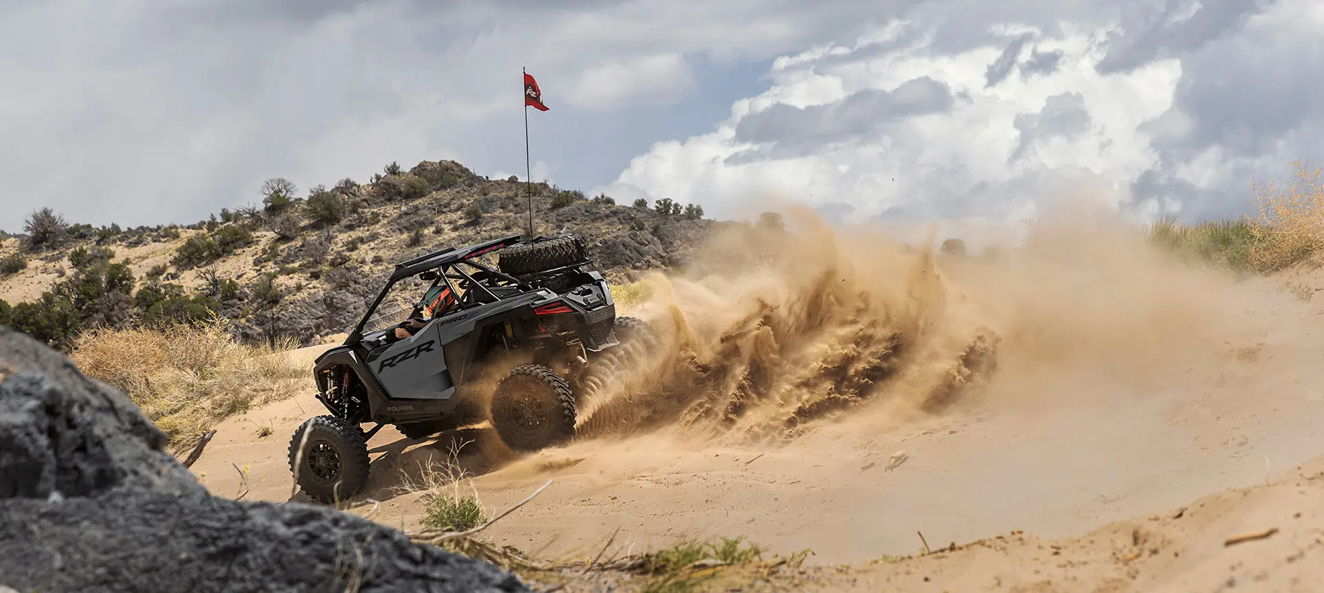 Polaris RZR Pro S side-by-side throwing sand in the desert.