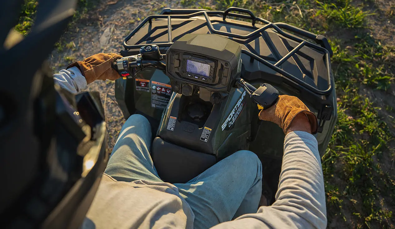 Aerial view of the handle bars on a Polaris Sportsman 450 H.O. ATV.