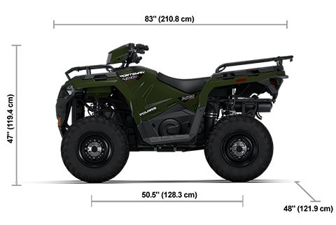 Side view of the Sage Green 2026 Polaris Sportsman 450 H.O. EPS with height, width and length dimensions.