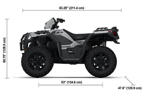 Side view of the Turbo Silver 2026 Polaris Sportsman XP 1000 Ultimate with height, width and length dimensions.