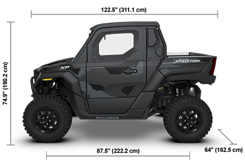 Side view of the Matte Super Graphite Polaris XPEDITION XP NorthStar with height, width and length dimensions.