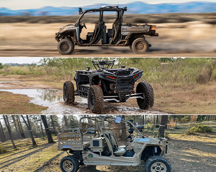 Collage showing a RANGER CREW XD 1500, an autonomous RZR XP 1000 with a drone, and a tan Polaris MRZR D4 tactical vehicle.