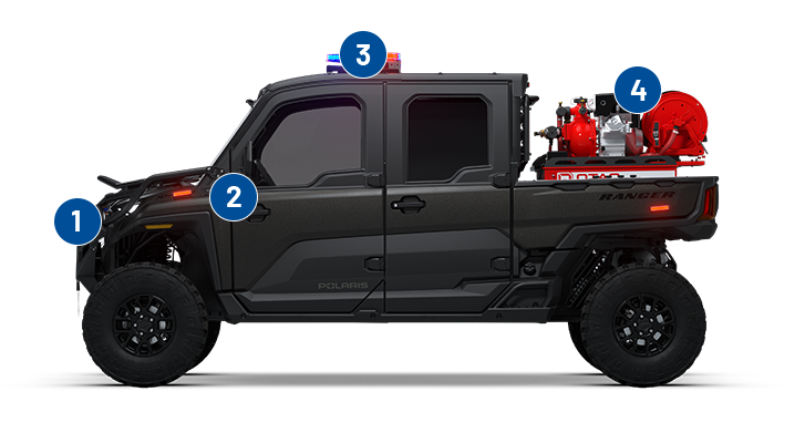Emergency lighting, siren and pa system, fire/rescue skids and familiar controls with fire & rescue application packages for Polaris Government vehicles. 