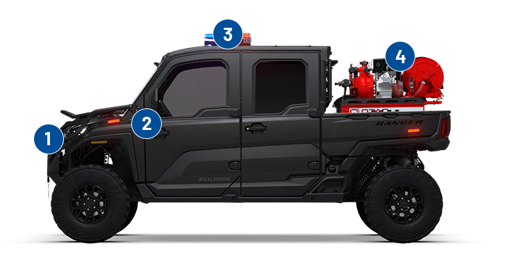Emergency lighting, customizable graphics, siren and pa system, fire/rescue skids and familiar controls with fire & rescue application packages for Polaris Government vehicles.