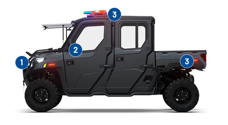 Emergency lighting, siren and pa system, and familiar controls with law enforcement application packages for Polaris Government vehicles. 