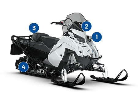 Vespel Sliders, Passenger Jump Seat, Blackout Capability, and IR Light on the Polaris Military 850 Voyageur 155 snowmobile. 