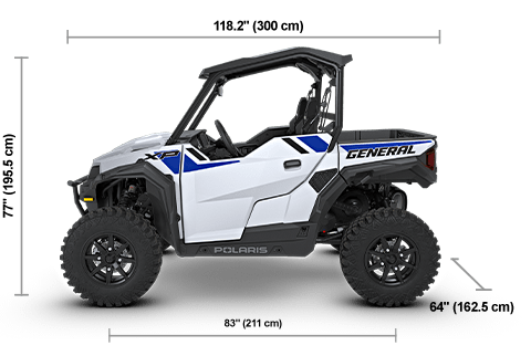 Side view of the Ghost White 2027 Polaris GENERAL XP 1000 Ultimate with height, width and length dimensions.