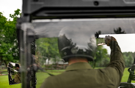 A Polaris RANGER 500 UTV with mirrors installed.