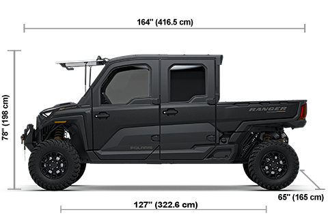 Side view of the Matte Black Crystal Polaris RANGER CREW XD 1500 NorthStar Mountaineer Edition with height, width and length dimensions.