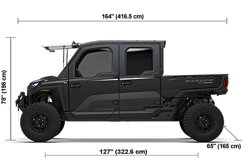 Side view of the Gloss Black Crystal Polaris RANGER CREW XD 1500 NorthStar Texas Edition with height, width and length dimensions.