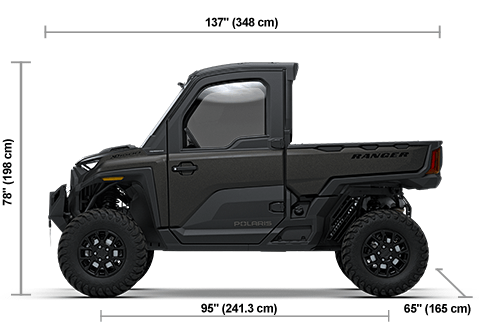 Side view of the Super Graphite Polaris RANGER XD 1500 NorthStar Premium with height, width and length dimensions.