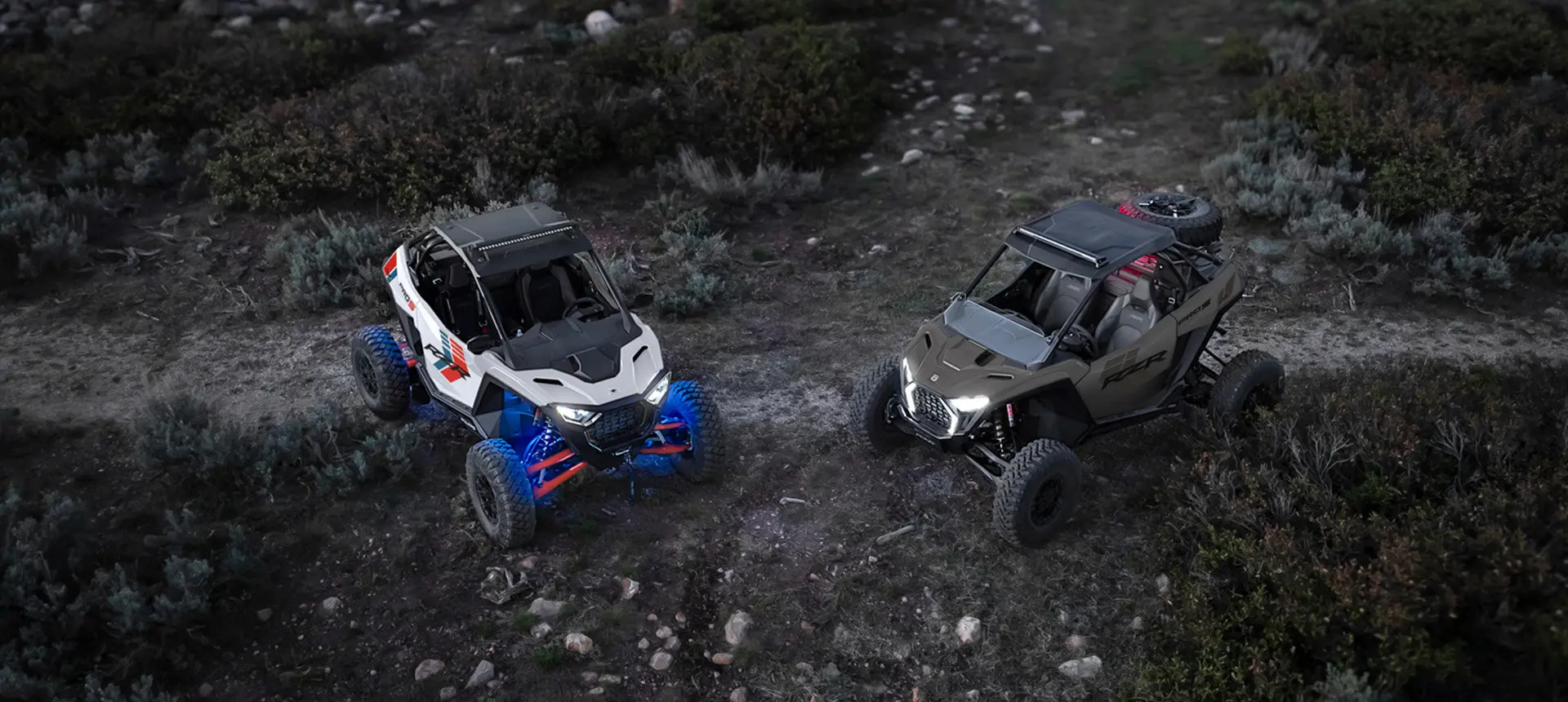Aerial view of 2 Polaris RZR Pro S side-by-sides.