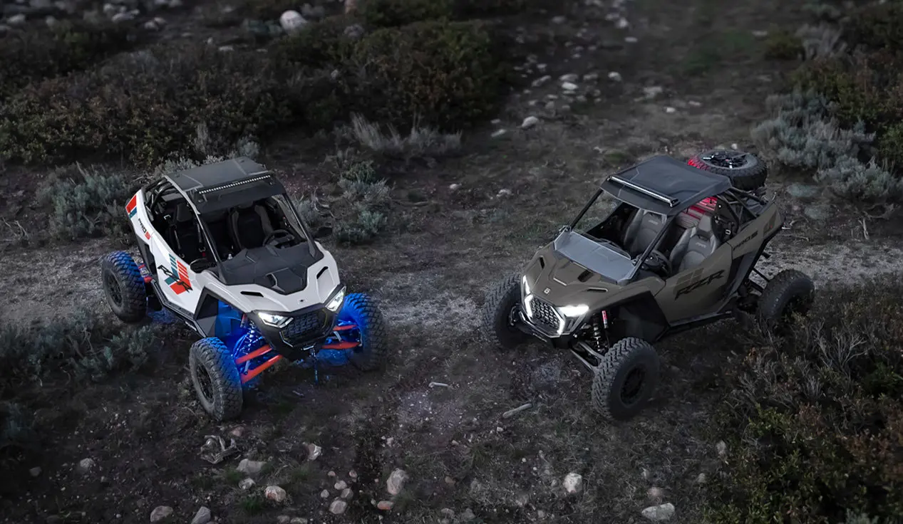 Aerial view of 2 Polaris RZR Pro S side-by-sides.