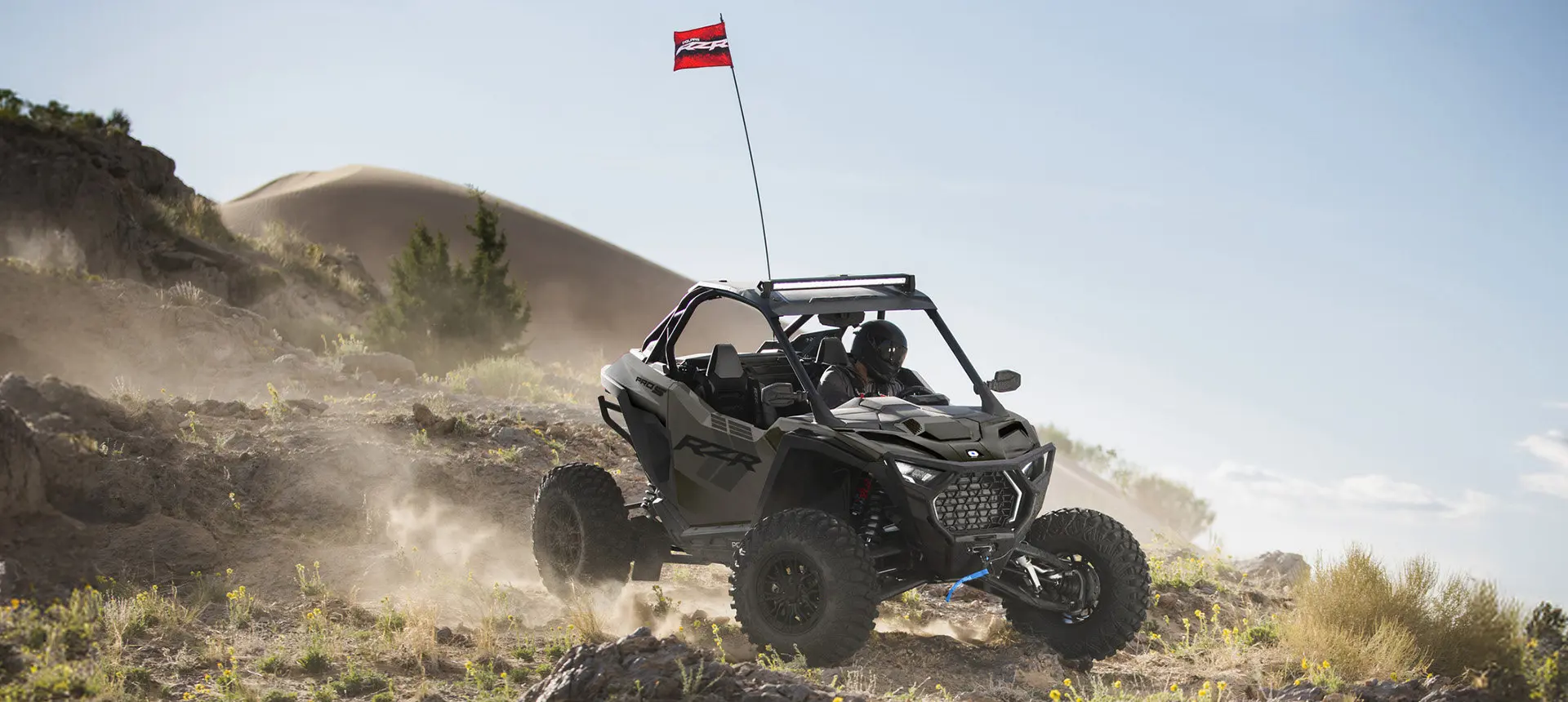 Polaris RZR Pro S side-by-side throwing sand in the desert.