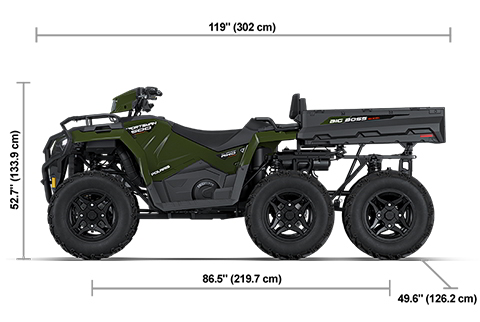 Side view of the Sage Green 2027 Polaris Sportsman 6x6 600 with height, width and length dimensions.