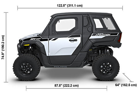 Side view of the Ghost White Metallic 2027 Polaris XPEDITION ADV NorthStar with height, width and length dimensions.