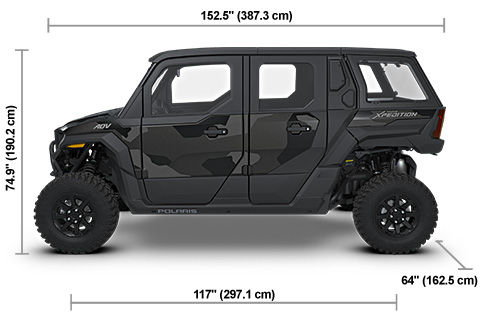 Side view of the Matte Super Graphite 2027 Polaris XPEDITION ADV 5 NorthStar with height, width and length dimensions.