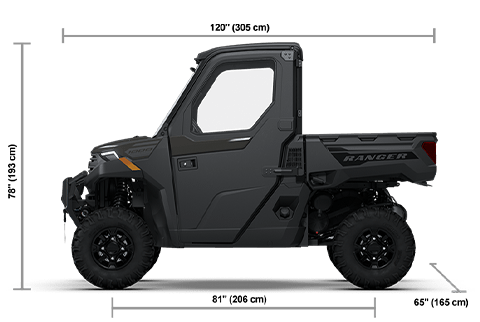 Side view of the Granite Gray 2027 Polaris RANGER 1000 CAB with height, width and length dimensions.