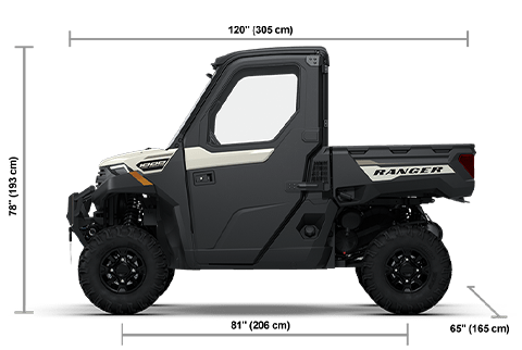 Side view of the Mirage Beige 2027 Polaris RANGER 1000 CAB with height, width and length dimensions.
