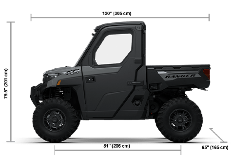 Side view of the Avalanche Gray 2027 Polaris RANGER XP 1000 CAB with height, width and length dimensions.