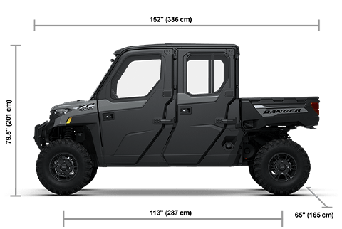 Side view of the Avalanche Gray 2027 Polaris RANGER CREW XP 1000 CAB with height, width and length dimensions.