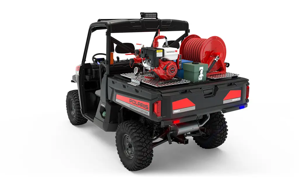 Rear side view of the cargo box on a polaris pro xd full-size diesel utv with the basic firefighting package installed