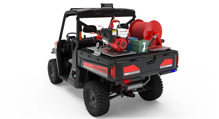 Rear side view of the cargo box on a polaris pro xd full-size diesel utv with the basic firefighting package installed