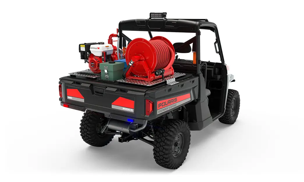 Rear view of the cargo box on a polaris pro xd full-size diesel utv with the basic firefighting package installed