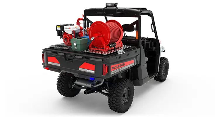 Rear view of the cargo box on a polaris pro xd full-size diesel utv with the basic firefighting package installed
