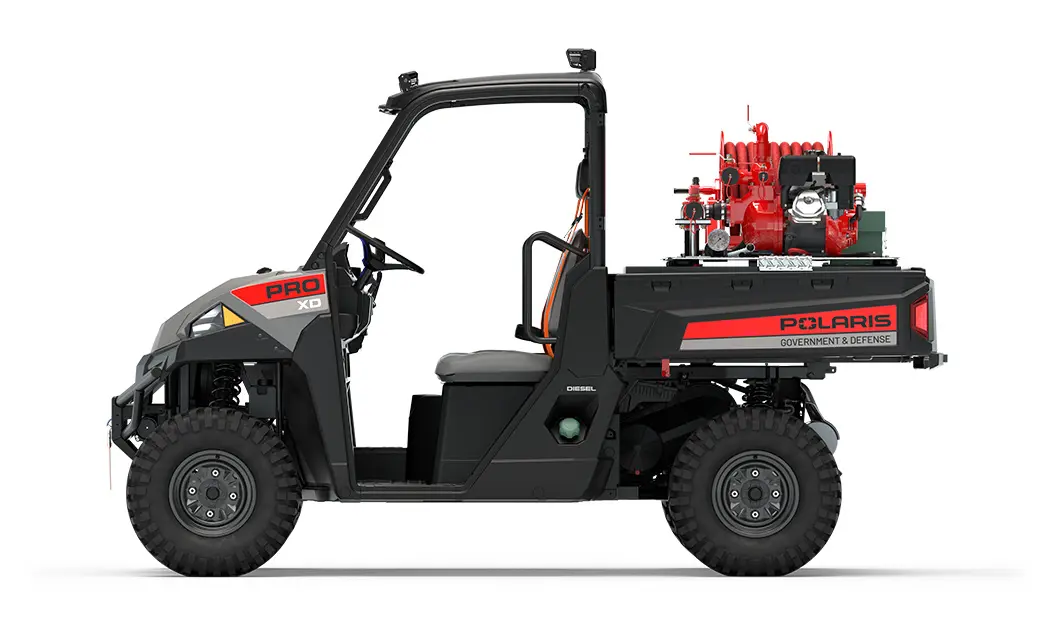 Side view of a polaris pro xd full-size diesel utv with the basic firefighting package installed