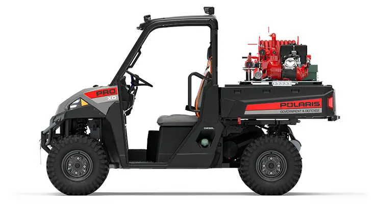 Side view of a polaris pro xd full-size diesel utv with the basic firefighting package installed