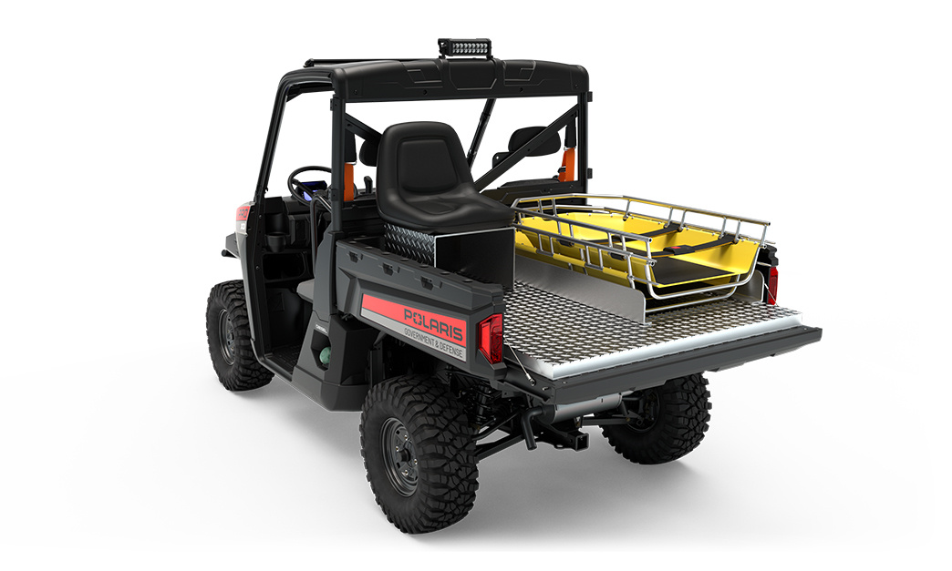 Rear side view of the cargo box on a polaris pro xd full-size diesel utv with the basic rescue package installed