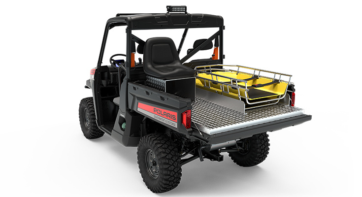 Rear side view of the cargo box on a polaris pro xd full-size diesel utv with the basic rescue package installed