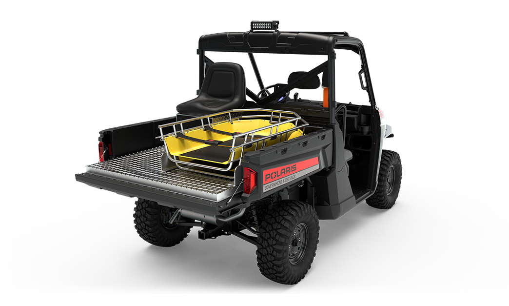 Rear view of the cargo box on a polaris pro xd full-size diesel utv with the basic rescue package installed
