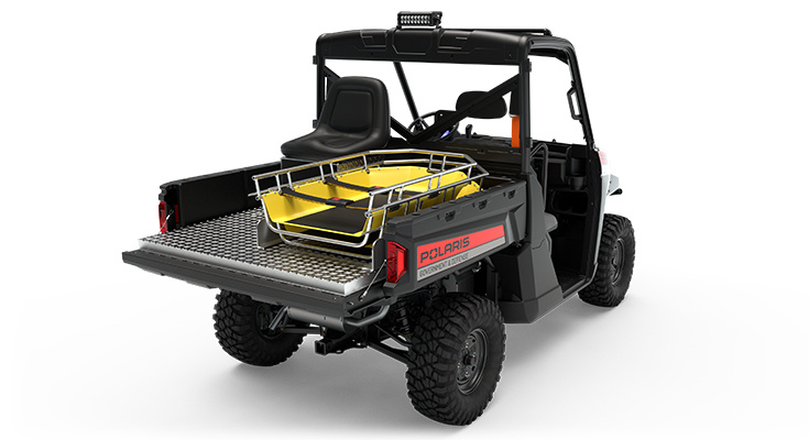 Rear view of the cargo box on a polaris pro xd full-size diesel utv with the basic rescue package installed
