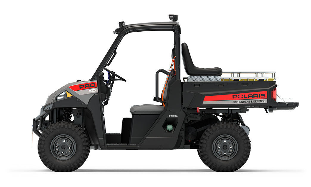 Side view of a polaris pro xd full-size diesel utv with the basic rescue package installed