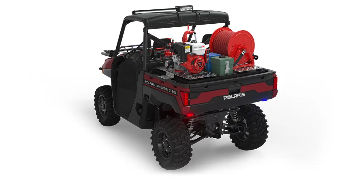 Rear side view of the cargo box with firefighting kit on a polaris ranger xp 1000 eps utv with the basic firefighting package installed